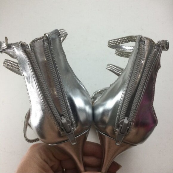 Steve Madden Fiffi Silver Metallic Rhinestone Faux Leather Strappy Heels Size 10 - Picture 6 of 13